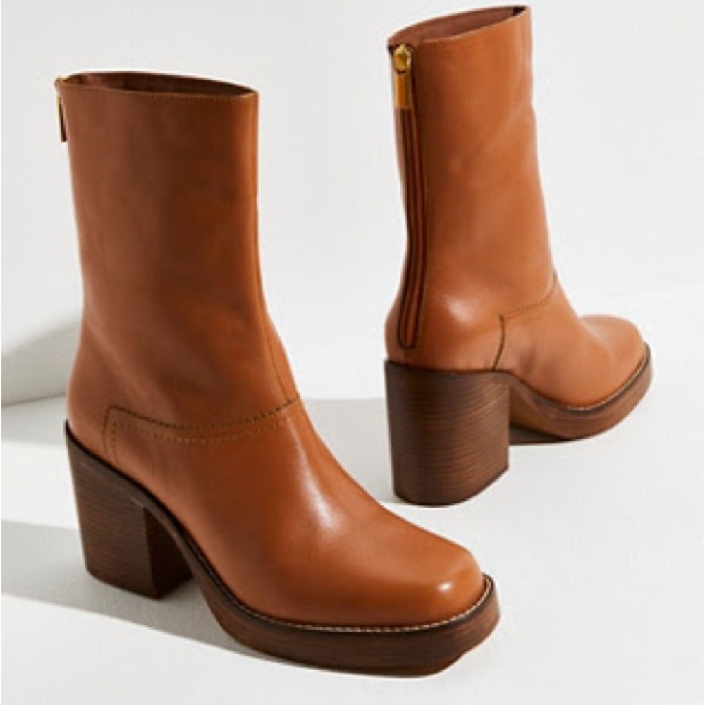 Free People Cognac Leather Platform Mid-Calf Boots
